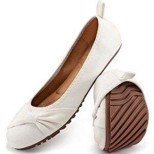 Women's White Round Toe Elegant Bow knot Foldable Ballet Flats Loafers Shoes